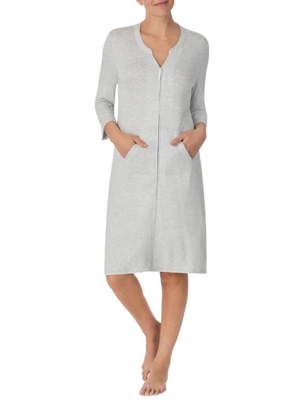 #2326 Ellen Tracy Women's Zip-Front 3/4-Sleeve Robe - Grey Heather